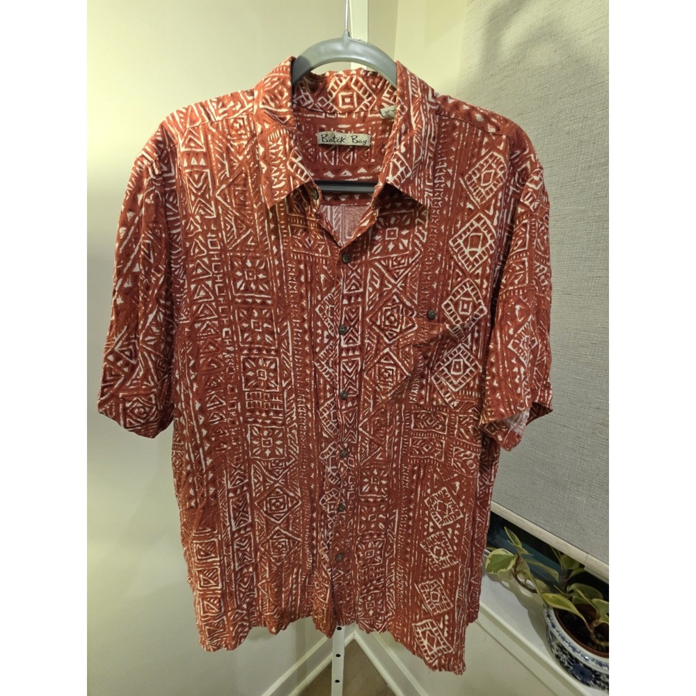 Batik Bay Mens Aztec Tribal Casual Button Up Shirt Vacation Large Red Rayon XL
